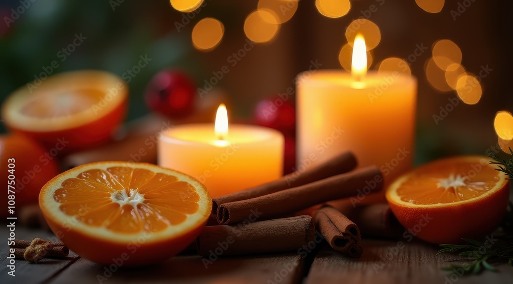 Warm ambiance with glowing candles, oranges, and cinnamon sticks beautifully arranged on a rustic wooden table, perfect for capturing festive and cozy moments Warm ambiance with glowing candles, oranges, and cinnamon sticks beautifully arranged on a rustic wooden table, perfect for capturing festive and cozy moments