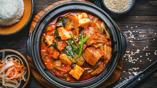 A mouthwatering platter of Korean kimchi jjigae, spicy kimchi stew with tofu