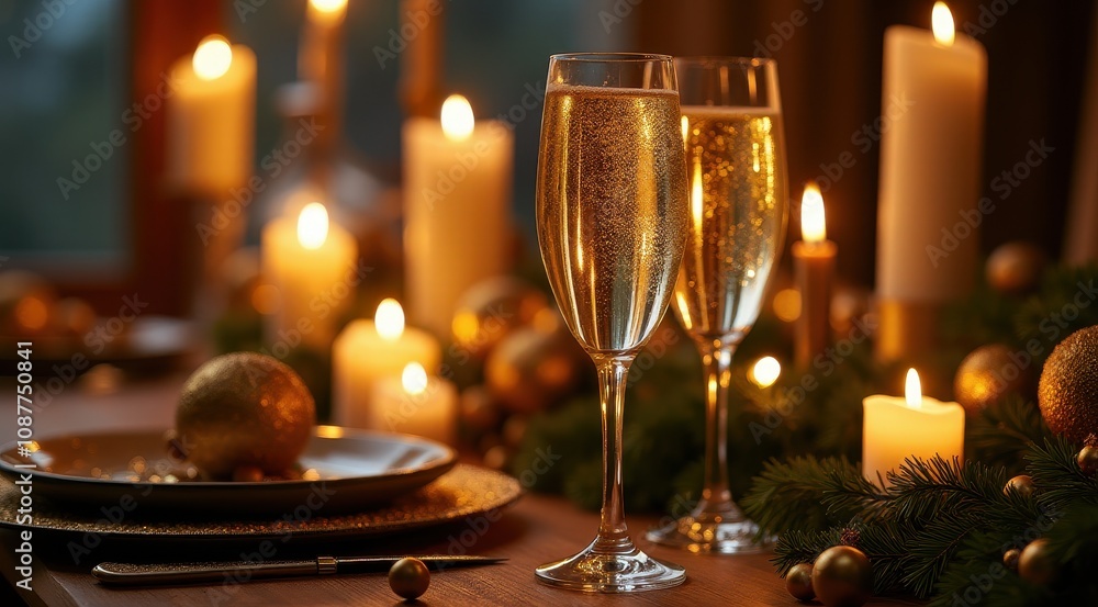 Elegant holiday dinner setting with champagne flutes, glowing candles, and festive decorations, creating a warm and inviting atmosphere Elegant holiday dinner setting with champagne flutes, glowing candles, and festive decorations, creating a warm and inviting atmosphere