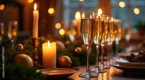 Elegant table setting with champagne flutes, candles, and festive decorations creates a warm, inviting holiday ambiance