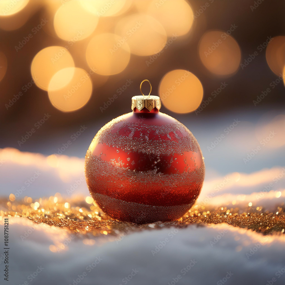 One red Christmas ornament ball with warm light reflection, placed on artificial snow with a little sprinkle of gold glitter One red Christmas ornament ball with warm light reflection, placed on artificial snow with a little sprinkle of gold glitter