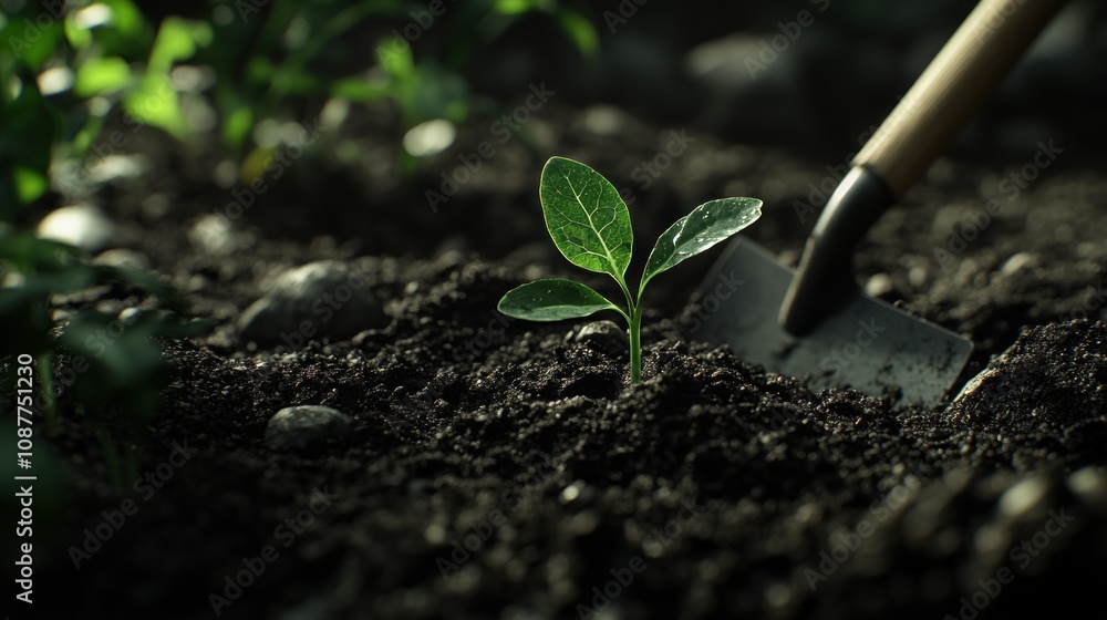 A young plant emerging from soil, with a gardening tool nearby. A young plant emerging from soil, with a gardening tool nearby.