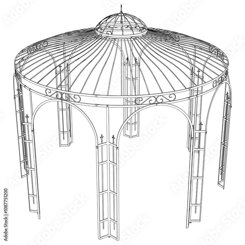 Gazebo line art vector design, featuring a shingled roof and elegant structure, set in a peaceful garden, ideal for picnics, relaxation, and nature retreats in an open outdoor space