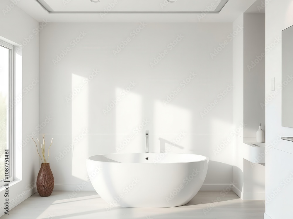 A minimalist bathroom with a sleek white sink, clean lines, and plenty of natural light, bright, elegance A minimalist bathroom with a sleek white sink, clean lines, and plenty of natural light, bright, elegance