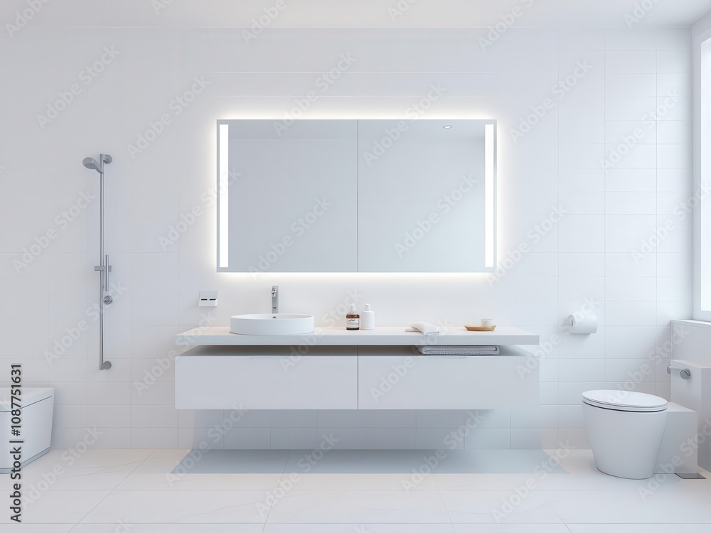 A minimalist bathroom with sleek white tiles, a floating vanity, and a large mirror, hygiene, bathroom A minimalist bathroom with sleek white tiles, a floating vanity, and a large mirror, hygiene, bathroom