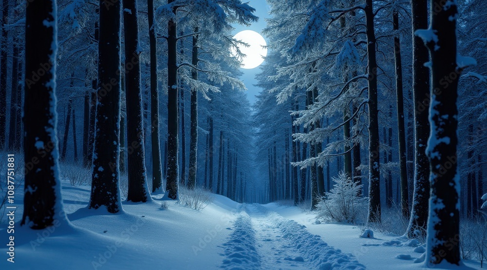 Fototapeta premium A peaceful snowy path illuminated by the full moon, surrounded by bare winter trees in a tranquil setting