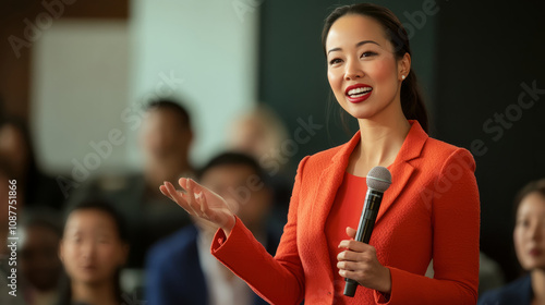 realistic photo of a presentable asian woman with a microphone in her hands, who is speaking in front of an audience on a small stage, smiling on her face photo