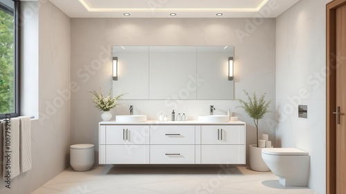 A minimalistic bathroom with a sleek vanity featuring clean lines and a neutral color palette, interior, design