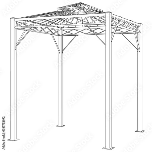 Gazebo line art vector design, featuring a shingled roof and elegant structure, set in a peaceful garden, ideal for picnics, relaxation, and nature retreats in an open outdoor space