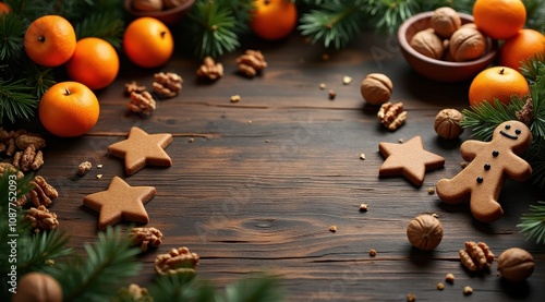 Cozy holiday scene with gingerbread cookies, oranges, and walnuts on a rustic wooden background adorned with pine branches