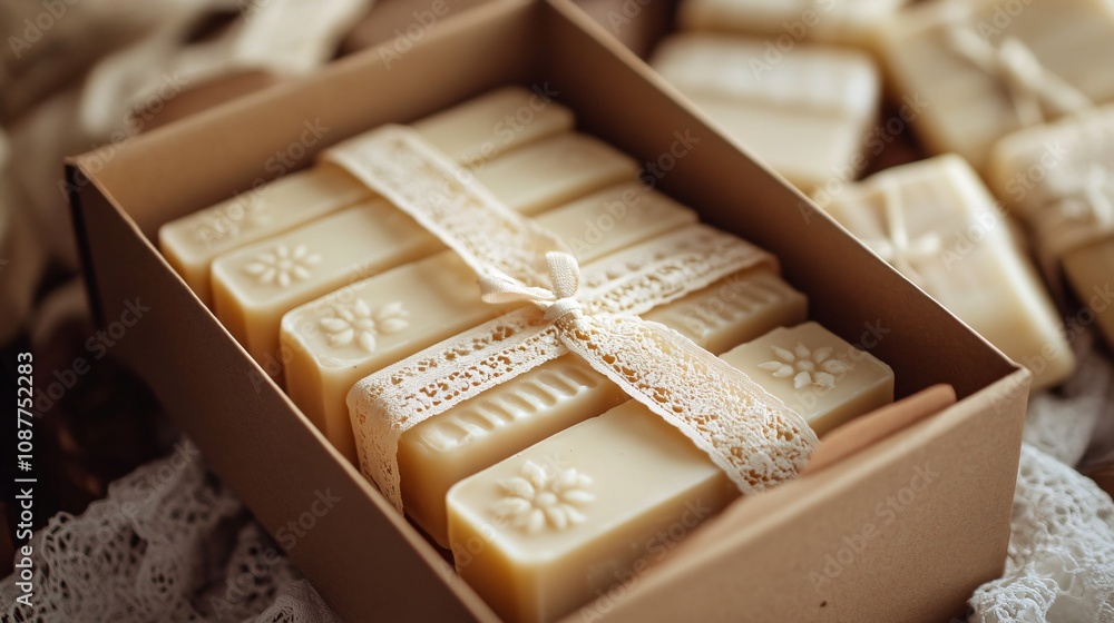 A box of handmade jasmine soap bars, wrapped in kraft paper with vintage-style ribbons A box of handmade jasmine soap bars, wrapped in kraft paper with vintage-style ribbons