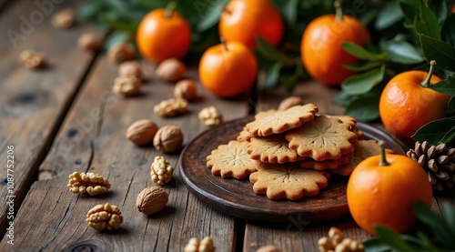 Rustic cookies and ripe mandarins on a wooden table, surrounded by walnuts and green leaves, create a warm and inviting autumn ambiance