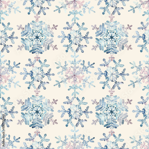 Seamless winter pattern. Granulation watercolour snowflakes on a beige background. Hand drawn illustration. Frost crystals drawn by hand. For fabric, sketchbook, wallpaper, wrapping paper, invitation