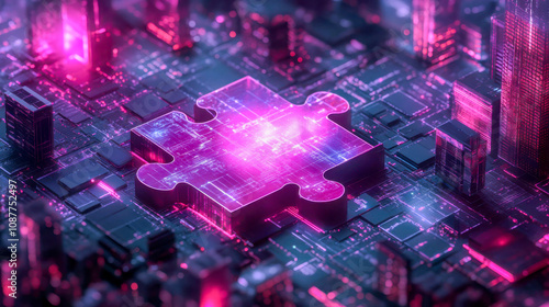 Glowing puzzle piece in futuristic, digital cityscape concept for technology and innovation