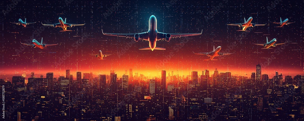 Obraz premium Abstract digital art of airplanes in cosmic space