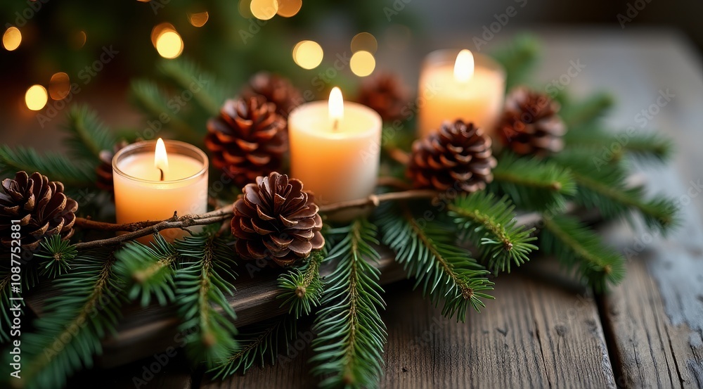Festive candles and pine cones on a wooden table create a cozy holiday atmosphere with glowing lights and evergreen branches Festive candles and pine cones on a wooden table create a cozy holiday atmosphere with glowing lights and evergreen branches