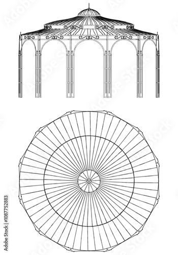 Garden Gazebo outline vector illustration. Perfect for artistic projects, decor ideas, and graphic designs. Elegant Antique Decor Illustration with Front, Side, and Top Views