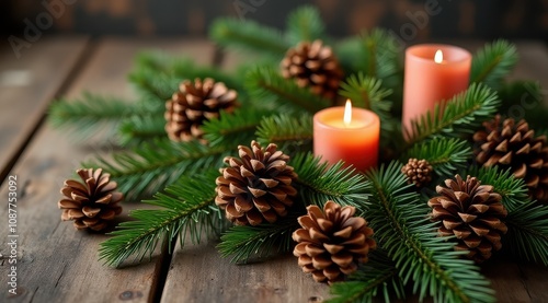 Festive arrangement with lit red candles surrounded by green pine branches and brown pine cones on a rustic wooden table