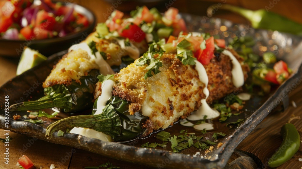 A mouthwatering platter of Mexican chiles rellenos, roasted poblano peppers stuffed with cheese A mouthwatering platter of Mexican chiles rellenos, roasted poblano peppers stuffed with cheese