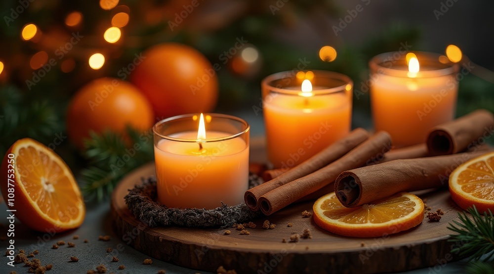 Obraz premium A cozy scene with lit candles, cinnamon sticks, and sliced oranges on a wooden table, surrounded by festive bokeh lights and evergreens
