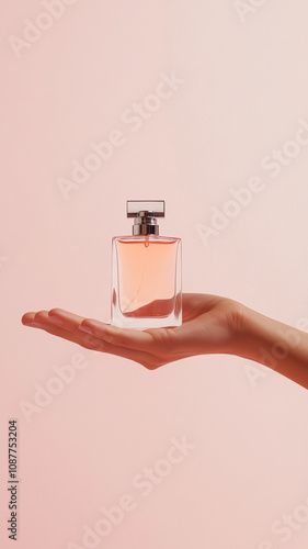 A promotional photo of a perfume bottle. A mockup of a perfume bottle. The hand holds a bottle of perfume.