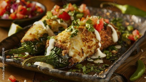 A mouthwatering platter of Mexican chiles rellenos, roasted poblano peppers stuffed with cheese