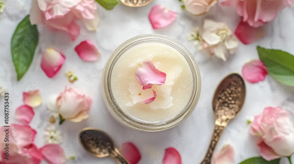 A jar of jasmine sugar scrub, surrounded by decorative spoons and fresh petals A jar of jasmine sugar scrub, surrounded by decorative spoons and fresh petals