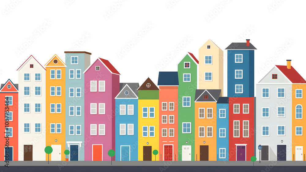 Colorful cluster of narrow tall cartoon houses. Flat style, minimalistic. Vertical Orientation. Vector illustration set for covers, prints, posters. Generative AI Colorful cluster of narrow tall cartoon houses. Flat style, minimalistic. Vertical Orientation. Vector illustration set for covers, prints, posters. Generative AI