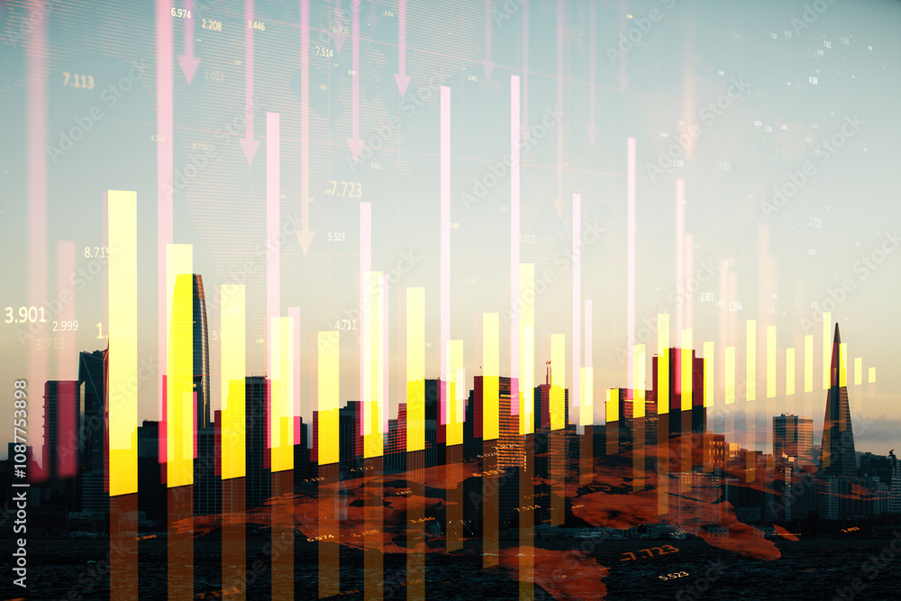 Abstract glowing red business chart and map on blurry city background. Crisis, financial fall and recession concept. Double exposure. Abstract glowing red business chart and map on blurry city background. Crisis, financial fall and recession concept. Double exposure.