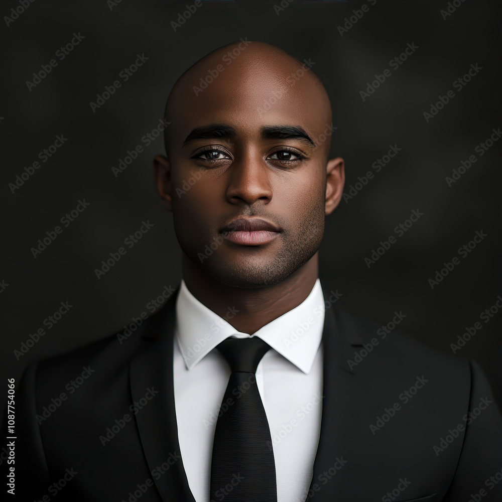 A Dapper Bald Black Man in a Sharp Black Suit Poses Confidently Against a Dark Background A Dapper Bald Black Man in a Sharp Black Suit Poses Confidently Against a Dark Background