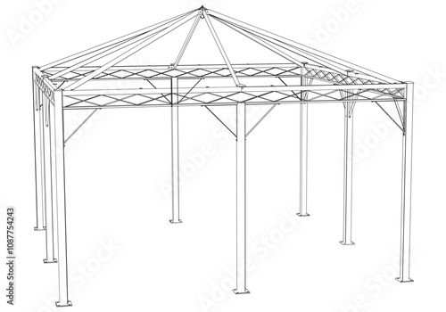 Gazebo line art vector design, featuring a shingled roof and elegant structure, set in a peaceful garden, ideal for picnics, relaxation, and nature retreats in an open outdoor space