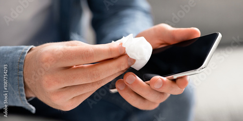 Gadget sterilization. Man disinfecting his cell phone with antibacterial napkins, close up