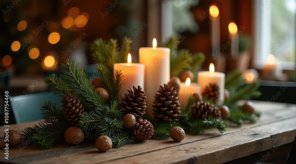 Rustic holiday centerpiece with lit candles, pine cones, and evergreen branches on a wooden table, creating a cozy festive ambiance Rustic holiday centerpiece with lit candles, pine cones, and evergreen branches on a wooden table, creating a cozy festive ambiance