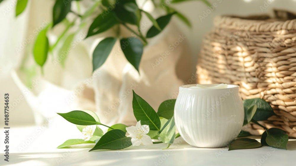 A white ceramic jar of jasmine body lotion, styled with green leaves and a woven basket in the background A white ceramic jar of jasmine body lotion, styled with green leaves and a woven basket in the background