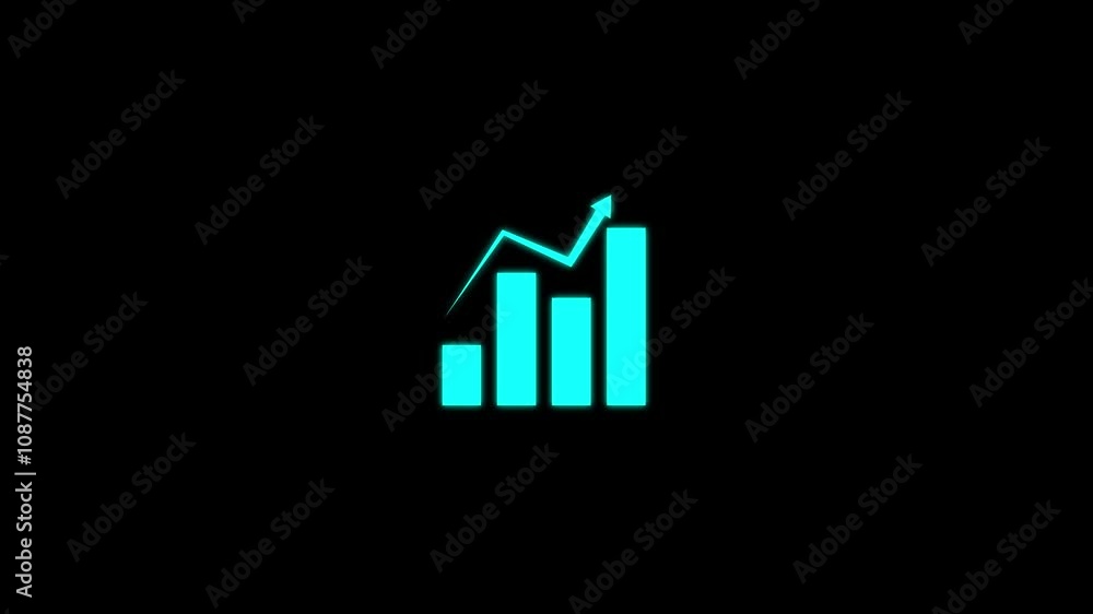 Abstract cyan color business growth and graph chart icon animation. Arrow Rising On Graph With Sale Symbols. on a black background. Abstract cyan color business growth and graph chart icon animation. Arrow Rising On Graph With Sale Symbols. on a black background.