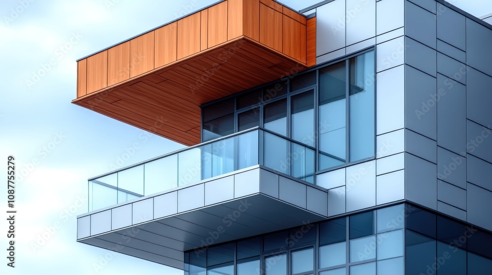 Fototapeta premium A modern building with a balcony and a wooden overhang.