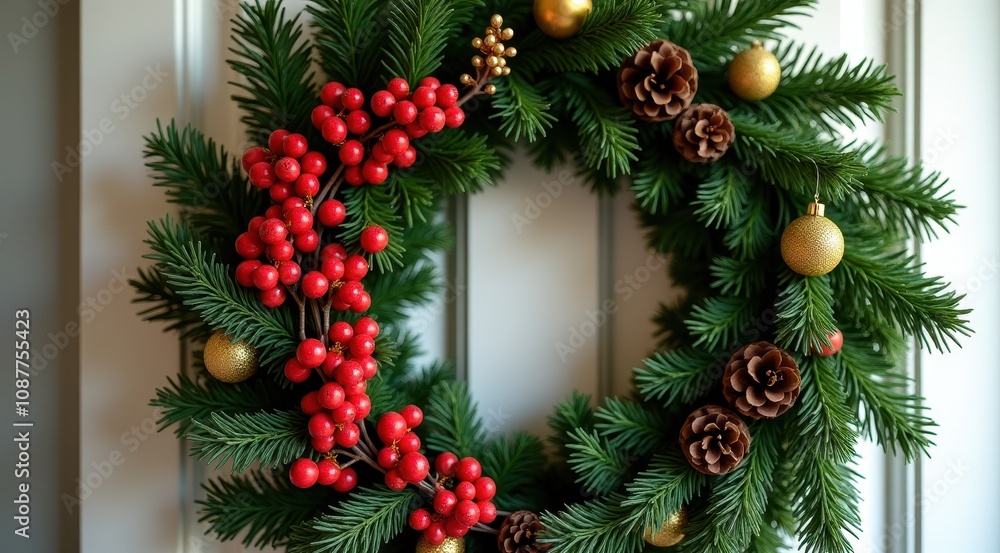 A Christmas wreath decorated with red berries and gold ornaments, creating a traditional holiday display A Christmas wreath decorated with red berries and gold ornaments, creating a traditional holiday display
