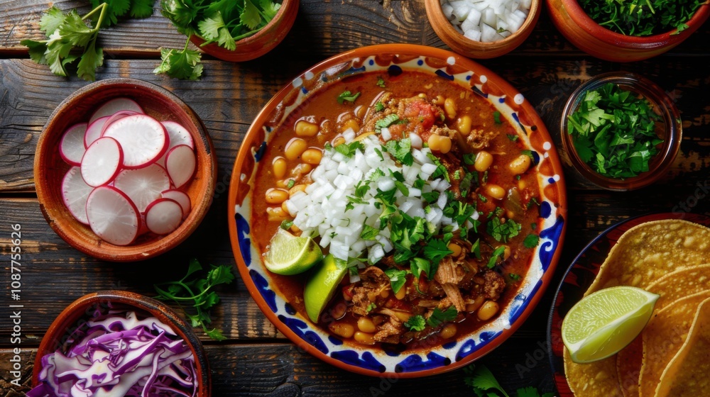 A mouthwatering platter of Mexican pozole, hearty soup with hominy A mouthwatering platter of Mexican pozole, hearty soup with hominy
