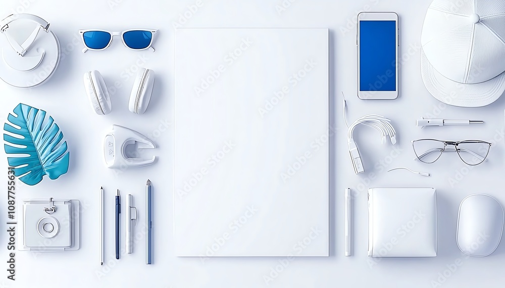 White background with office supplies and accessories. White background with office supplies and accessories.