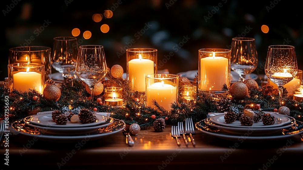 A beautifully set dining table adorned with candles and festive decorations for a celebration. A beautifully set dining table adorned with candles and festive decorations for a celebration.