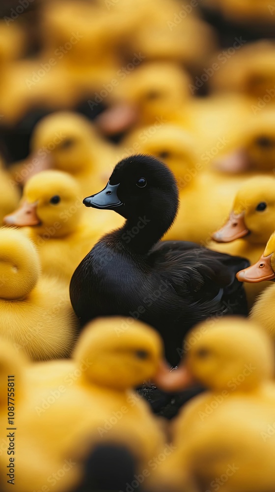 Black Duckling Among Yellow Ducklings: A Unique View of Nature's Diversity Black Duckling Among Yellow Ducklings: A Unique View of Nature's Diversity