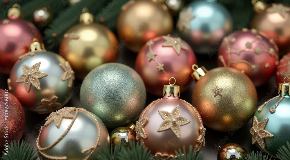 Festive Christmas ornaments in gold, silver, and red hues create a vibrant and joyful holiday atmosphere against a backdrop of green pine branches Festive Christmas ornaments in gold, silver, and red hues create a vibrant and joyful holiday atmosphere against a backdrop of green pine branches