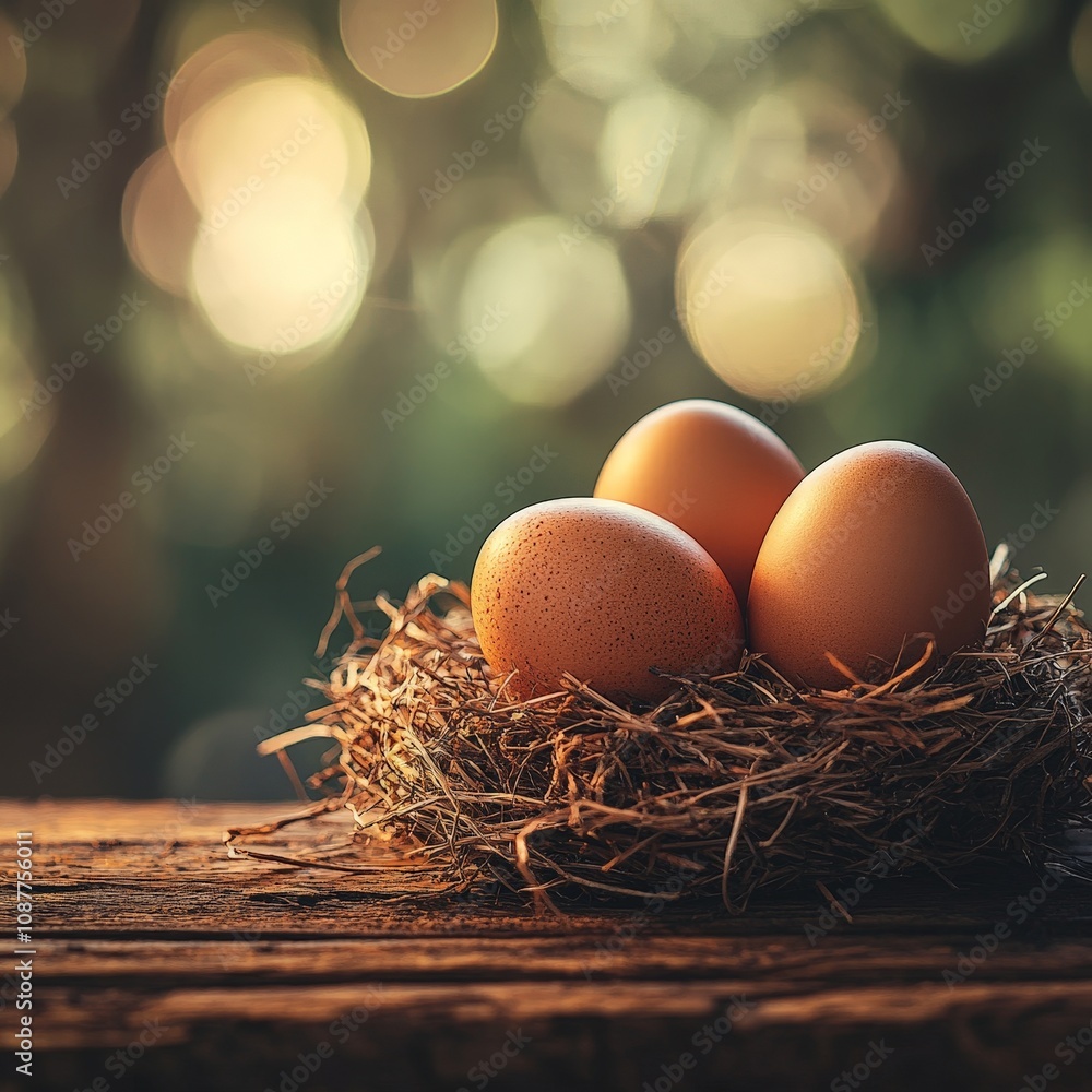 Fresh Chicken Eggs in a Straw Nest Close-Up