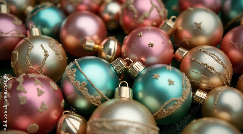 Elegant Christmas ornaments in shimmering shades of pink, gold, and blue create a festive and sophisticated holiday atmosphere Elegant Christmas ornaments in shimmering shades of pink, gold, and blue create a festive and sophisticated holiday atmosphere