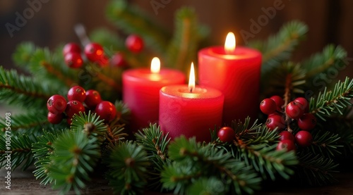 Red Christmas candles surrounded by festive greenery and berries for a warm holiday feel