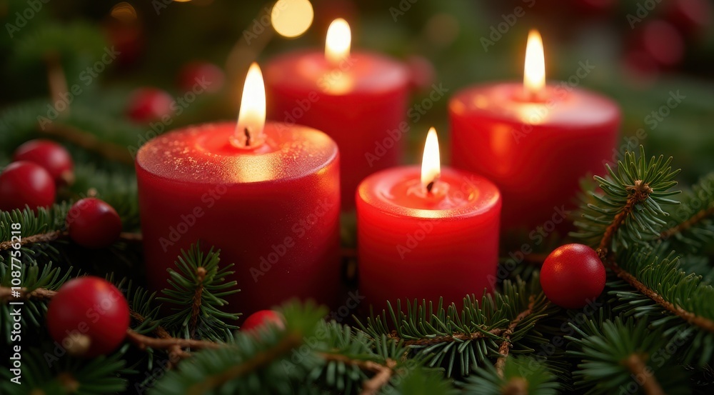 Red Christmas candles surrounded by festive greenery and berries for a warm holiday feel Red Christmas candles surrounded by festive greenery and berries for a warm holiday feel