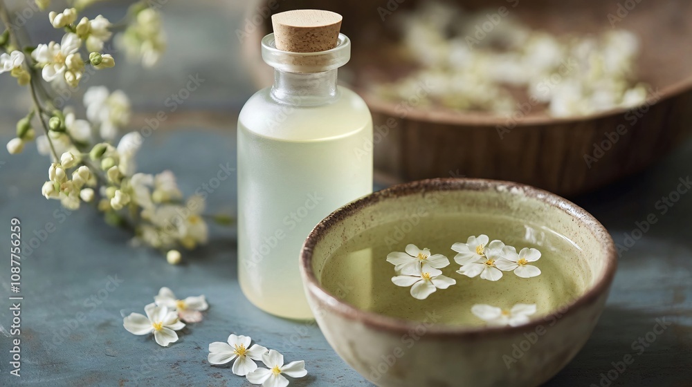 Jasmine-infused bath oil in a frosted glass bottle, styled with a ceramic bowl of water and floating petals Jasmine-infused bath oil in a frosted glass bottle, styled with a ceramic bowl of water and floating petals