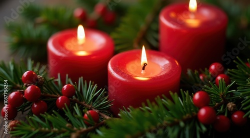 Red Christmas candles surrounded by festive greenery and berries for a warm holiday feel