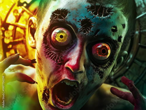 Scary colorful nightmare collage with a face