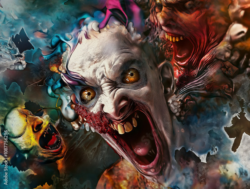 Scary colorful nightmare collage with a face